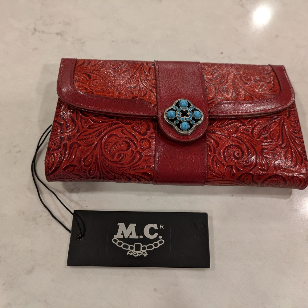 M.C.Red Leather Wallet with Embossed Design